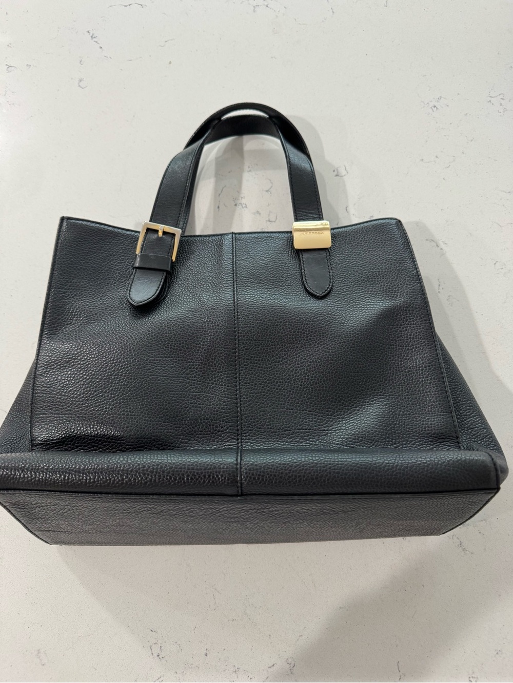 Authentic Burberry Black Leather Structured Tote Bag with Gold Accents